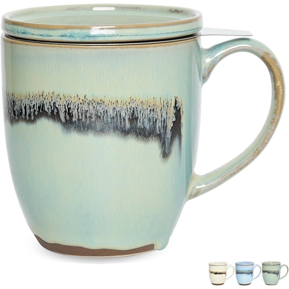 Ceramic Tea Cup with Infuser and Lid, 16 Oz, 3 Colors to Choose, Microwave and Dishwasher Safe, Steeping Tea Mug with Strainer, Reactive Glaze (16 Oz, Turquoise Green Light)