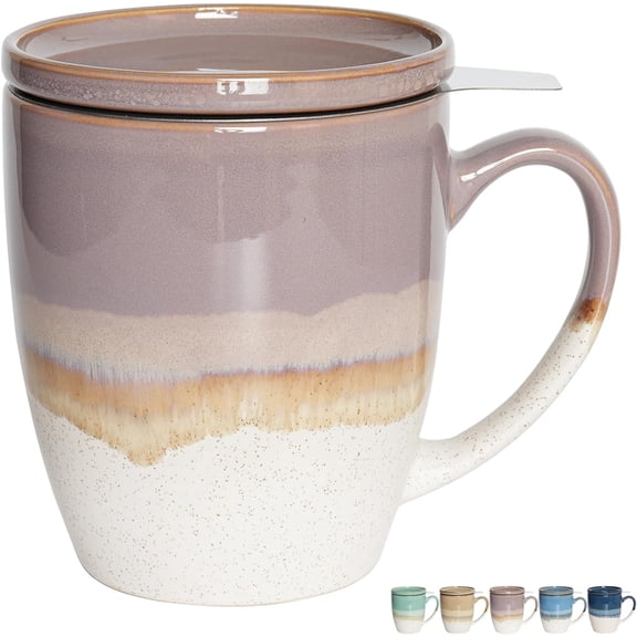 Ceramic Tea Cup with Infuser and Lid, 16 Oz, 5 Colors to Choose, Dishwasher and Microwave Safe, Reactive Glaze, Steeping Tea Mug with Strainer (Purple)