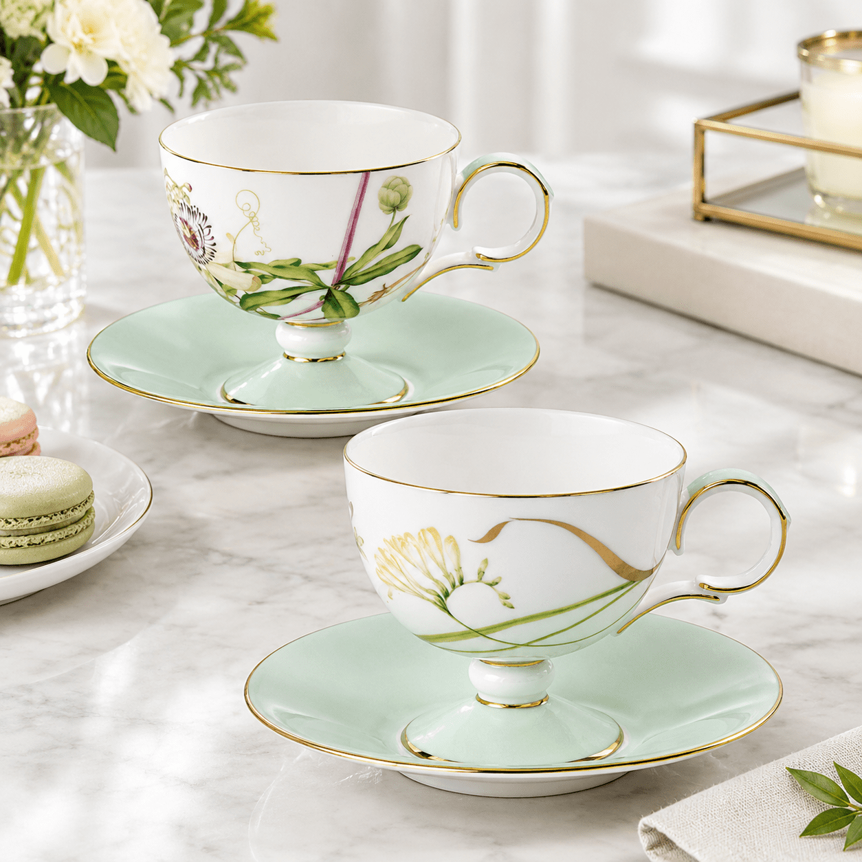 Ceramic Tea Cup and Saucer Set of 2, Freesia & Clematis Floral Pattern ...