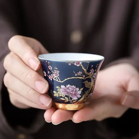 Ceramic Tea Cup with Gold Outline Chinese Kung Fu Master Cup Creative Gift Box Set of 6 Unique Stylish Tea Drinking Accessories