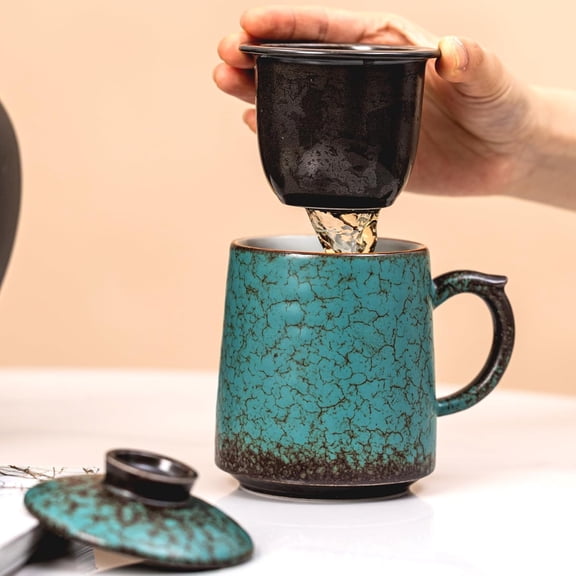 Ceramic Tea Mug with Infuser & Lid, 15oz Kiln-Transformed Unique Cup Nature's Artisan Design, Loose Leaf Tea Cup with Infuser, Insulated Ceramic Coffee Mugs with Lid, Gift for Women/Men