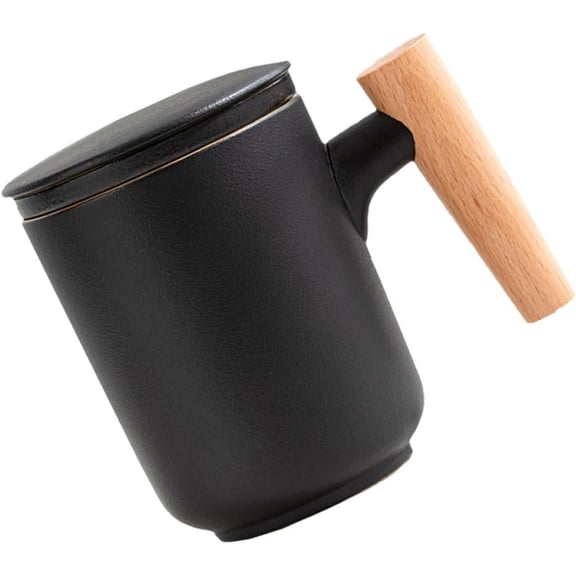Ceramic Tea Mug with Infuser and Lid for Loose Leaf Tea, Black Wooden Handle Cup