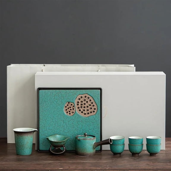 Ceramic Tea Set Tea Tray Gift Box Household Light Luxury Japanese Style Kiln Turn Green Teapot Tea Cup Kung Fu Tea Set