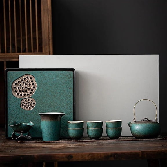 Ceramic Tea Set Tea Tray Gift Box Household Light Luxury Japanese Style Kiln Turn Green Teapot Tea Cup Kung Fu Tea Set
