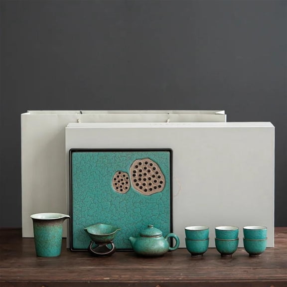 Ceramic Tea Set Tea Tray Gift Box Household Light Luxury Japanese Style Kiln Turn Green Teapot Tea Cup Kung Fu Tea Set