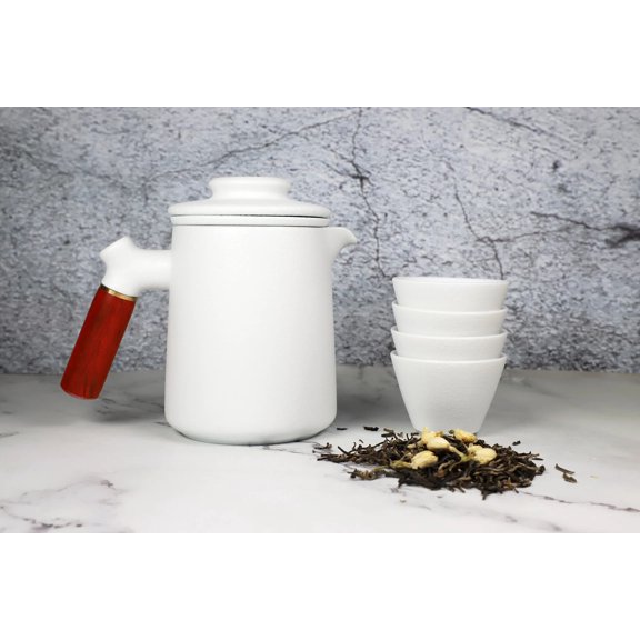 Ceramic Tea Set With 1 Teapot And 4 Cups Wooden Handle With Infuser