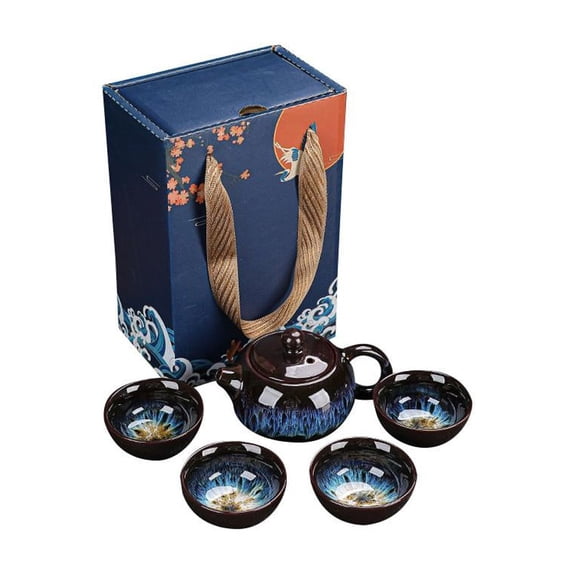 Ceramic Tea Set with Teapot and 4 Cups Heat Resistant 150ml 170ml Blue Brown