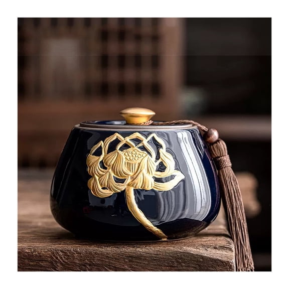 Ceramic Tea Storage Containers with Golden Lotus Pattern and Tassel Decoration, Vintage Chinese Style Tea Jar Tea Leaves Sealing Can Storage Can for Chocolate, Sugar, Spices