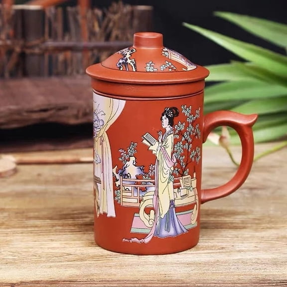Ceramic Teacup, Chinese Hand Painted Clay Mug with Lid and Infuser, (13oz) Zisha Water Mug Drinkware for Office (red lady)