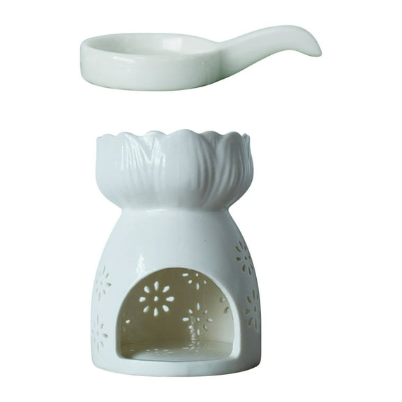 Ceramic Tealight Candle Holder, Essential Oil Burner with Spoon, White Carved Wax Warmer Aroma Diffuser Furnace for Birthday Valentines Home Decor