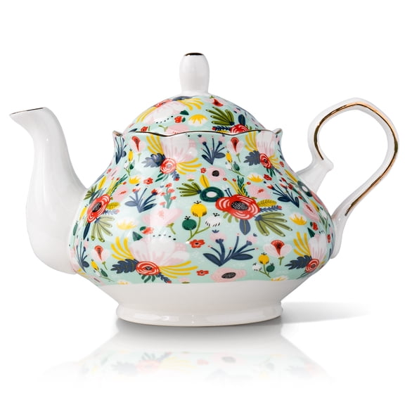 Ceramic Teapot, 33.8 oz – Watercolor Floral Design with Lid Gold Trim, Porcelain Teapot for Loose Tea