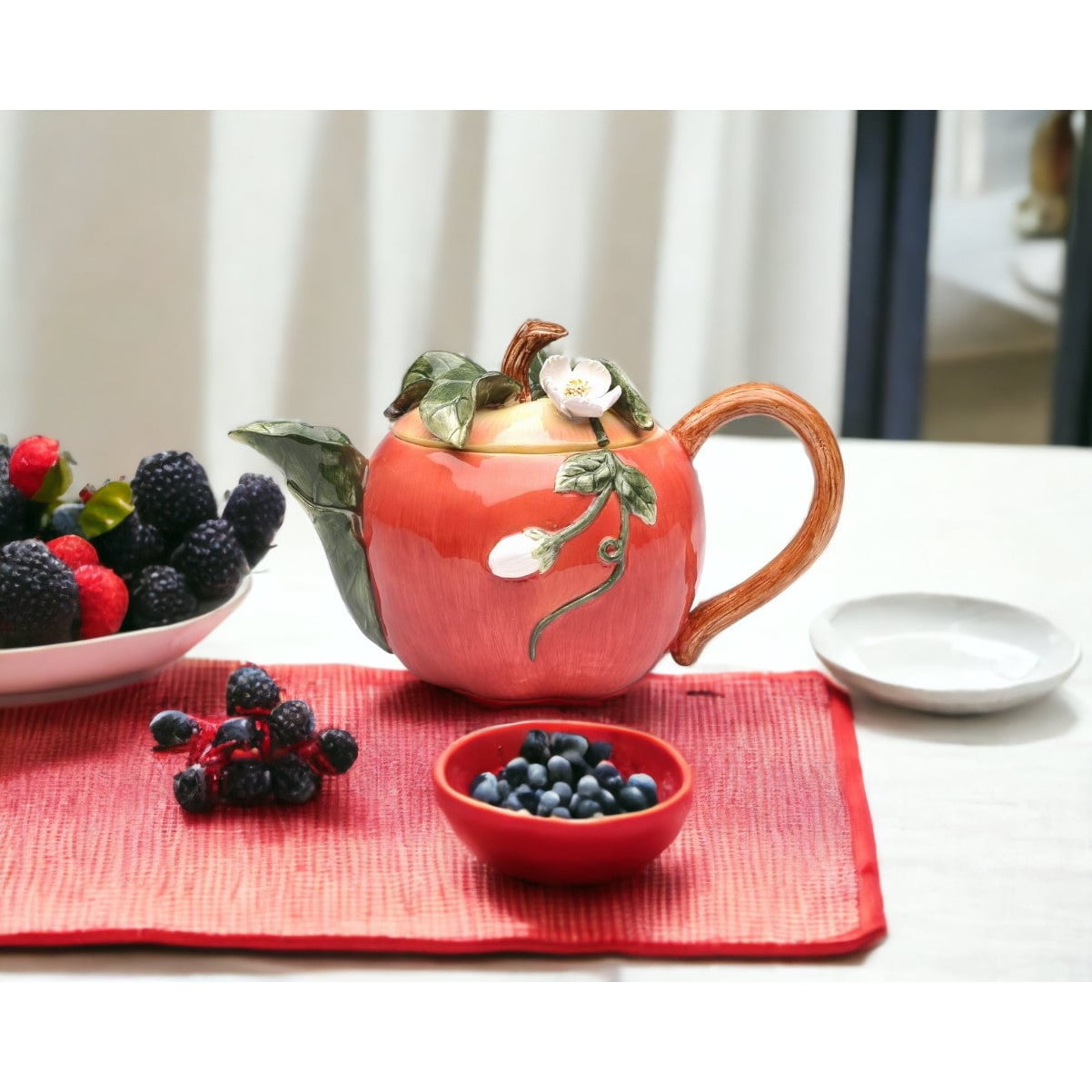 Hand-Painted Red Ceramic Apple Teapot with Floral Design