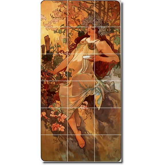 Ceramic Tile Mural-Alphonse Mucha Poster Art Backsplash Tile Mural 25. 12.75" w x 25.5" h using (18) 4.25 x 4.25 ceramic tiles