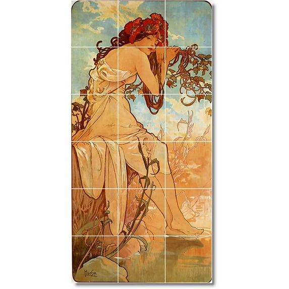 Ceramic Tile Mural-Alphonse Mucha Poster Art Bathroom Tile Mural 3. 12.75" w x 25.5" h using (18) 4.25 x 4.25 ceramic tiles