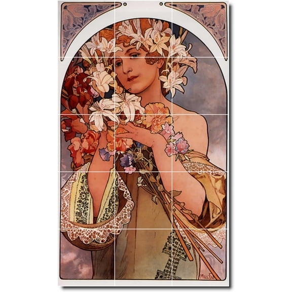 Ceramic Tile Mural-Alphonse Mucha Poster Art Floor Tile Mural 15. 12.75" w x 21.25" h using (15) 4.25 x 4.25 ceramic tiles