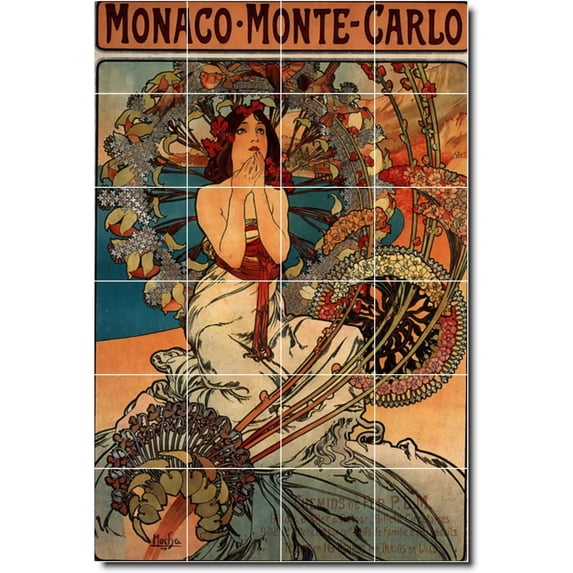 Ceramic Tile Mural-Alphonse Mucha Poster Art Wall Tile Mural 3. 24" w x 36" h using (24) 6 x 6 ceramic tiles