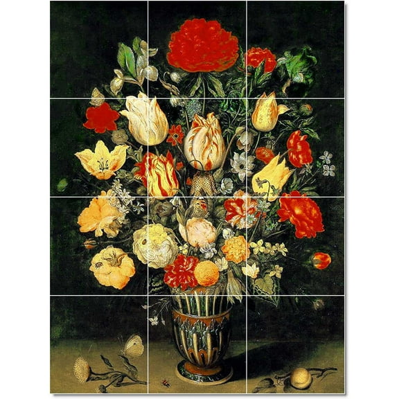 Ceramic Tile Mural-Ambrosius The Elder Bosschaert Flowers Tile Mural Contemporary Home Renovation 12.75" w x 17" h using (12) 4.25 x 4.25 ceramic tiles