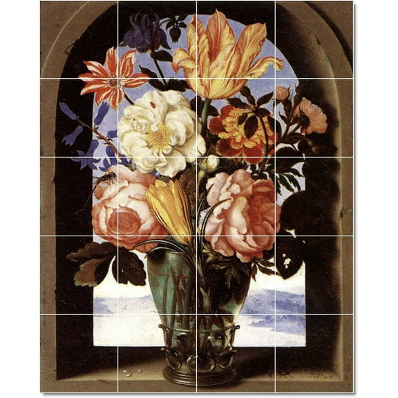 Ceramic Tile Mural-Ambrosius The Elder Bosschaert Flowers Tile Mural Interior Renovate. 17" w x 21.25" h using (20) 4.25 x 4.25 ceramic tiles