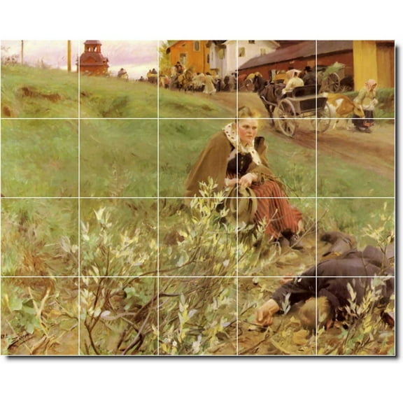 Ceramic Tile Mural-Anders Zorn Garden Custom Tile Mural 17. 21.25" w x 17" h using (20) 4.25 x 4.25 ceramic tiles