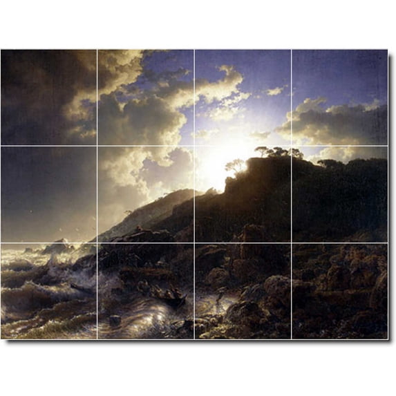 Ceramic Tile Mural-Andreas Achenbach Waterfront Painting 94. 32" w x 24" h using (12) 8 x 8 ceramic tiles