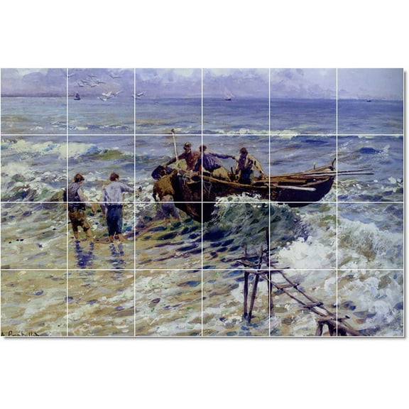 Ceramic Tile Mural-Attilio Pratella Ship Boat Painting 4. 36" w x 24" h using (24) 6 x 6 ceramic tiles