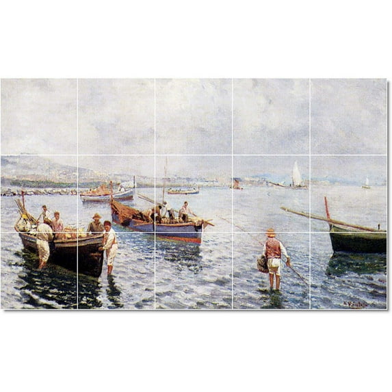 Ceramic Tile Mural-Attilio Pratella Ship Boat Painting 6. 30" w x 18" h using (15) 6 x 6 ceramic tiles