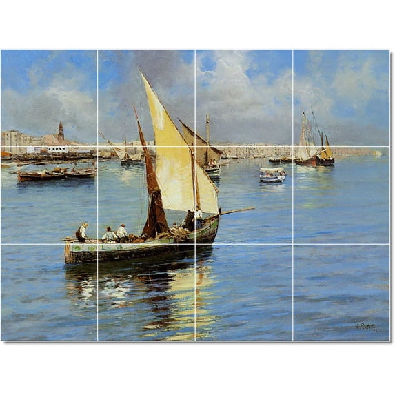 Ceramic Tile Mural-Attilio Pratella Ship Boat Painting 8. 17" w x 12.75" h using (12) 4.25 x 4.25 ceramic tiles