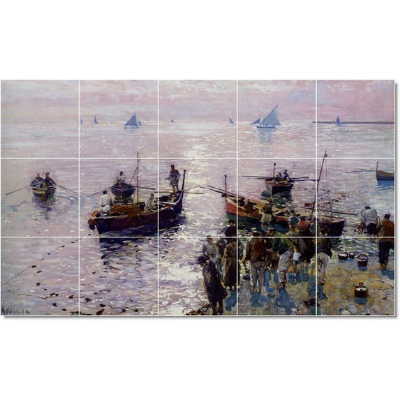 Ceramic Tile Mural-Attilio Pratella Ships Tile Mural Modern Floor Remodel. 40" w x 24" h using (15) 8 x 8 ceramic tiles