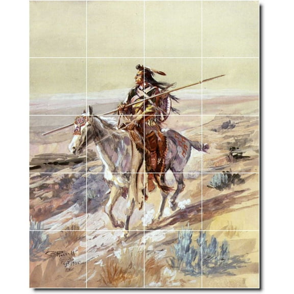Ceramic Tile Mural-Charles Russell Indians Backsplash Tile Mural 30. 17" w x 21.25" h using (20) 4.25 x 4.25 ceramic tiles