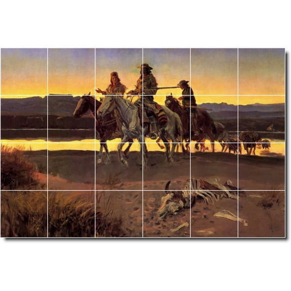 Ceramic Tile Mural-Charles Russell Indians Custom Tile Mural 13. 36" w x 24" h using (24) 6 x 6 ceramic tiles