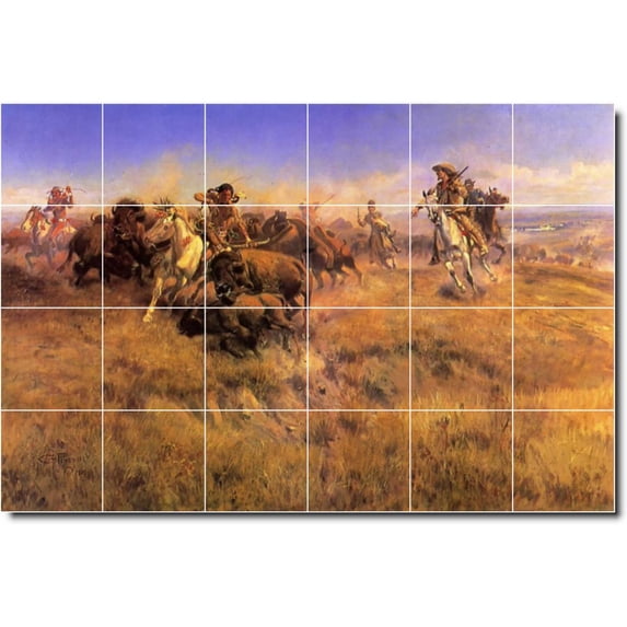 Ceramic Tile Mural-Charles Russell Indians Custom Tile Mural 15. 48" w x 32" h using (24) 8 x 8 ceramic tiles