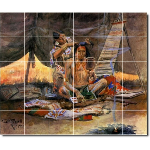 Ceramic Tile Mural-Charles Russell Indians Floor Tile Mural 16. 25.5" w x 21.25" h using (30) 4.25 x 4.25 ceramic tiles