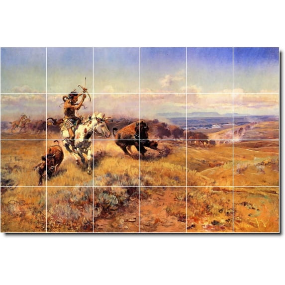 Ceramic Tile Mural-Charles Russell Indians Floor Tile Mural 17. 25.5" w x 17" h using (24) 4.25 x 4.25 ceramic tiles