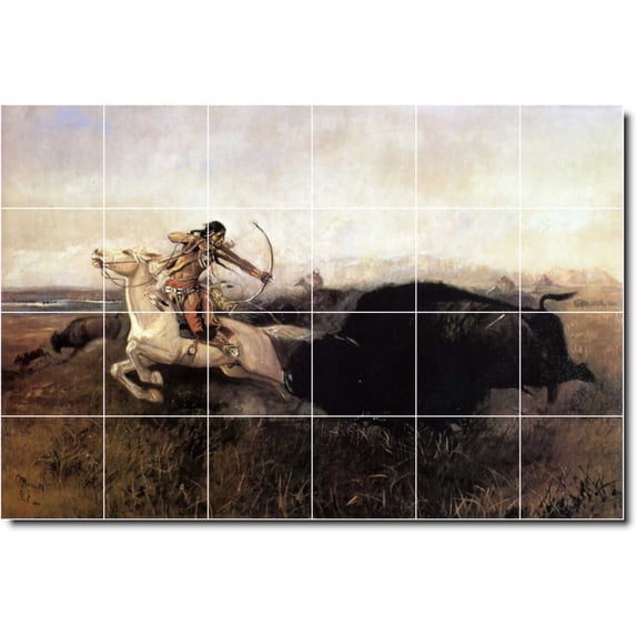 Ceramic Tile Mural-Charles Russell Indians Wall Tile Mural 27. 72" w x 48" h using (24) 12 x 12 ceramic tiles