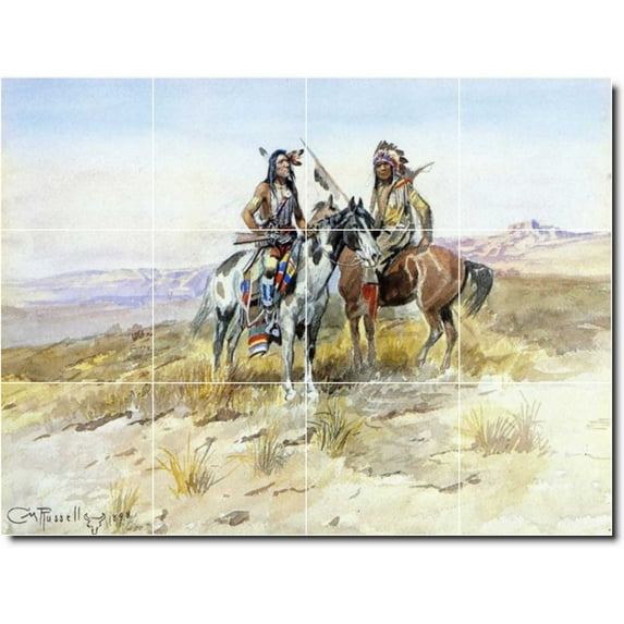 Ceramic Tile Mural-Charles Russell Indians Wall Tile Mural 28. 32" w x 24" h using (12) 8 x 8 ceramic tiles