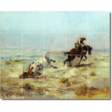 Ceramic Tile Mural-Charles Russell Western Bathroom Tile Mural 7. 21.25" w x 17" h using (20) 4.25 x 4.25 ceramic tiles