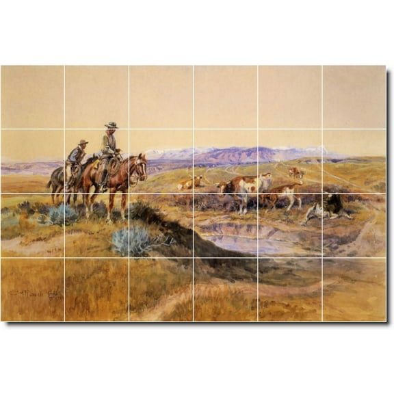 Ceramic Tile Mural-Charles Russell Western Custom Tile Mural 13. 25.5" w x 17" h using (24) 4.25 x 4.25 ceramic tiles
