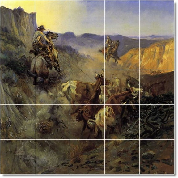Ceramic Tile Mural-Charles Russell Western Floor Tile Mural 15. 21.25" w x 21.25" h using (25) 4.25 x 4.25 ceramic tiles