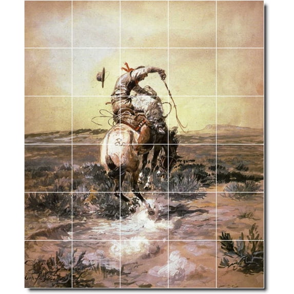 Ceramic Tile Mural-Charles Russell Western Shower Tile Mural 19. 40" w x 48" h using (30) 8 x 8 ceramic tiles