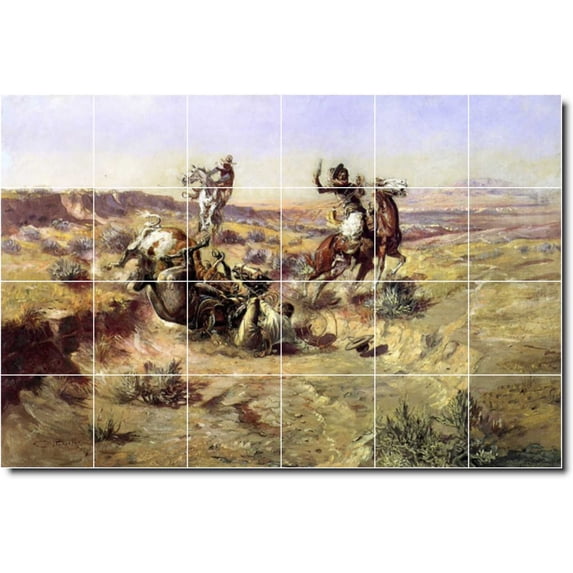 Ceramic Tile Mural-Charles Russell Western Wall Tile Mural 23. 48" w x 32" h using (24) 8 x 8 ceramic tiles