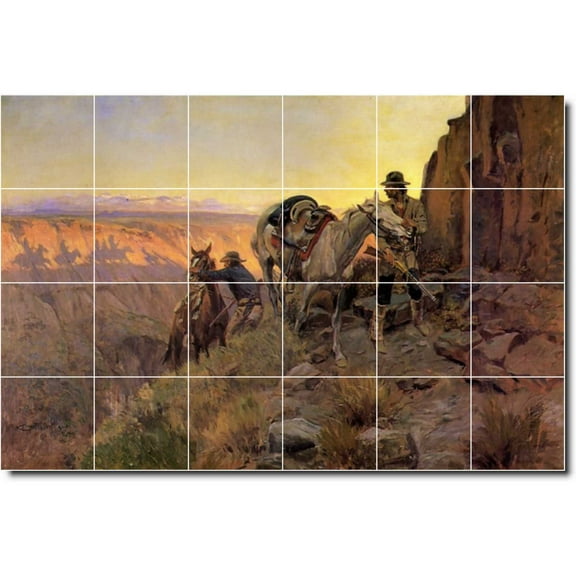 Ceramic Tile Mural-Charles Russell Western Wall Tile Mural 25. 25.5" w x 17" h using (24) 4.25 x 4.25 ceramic tiles