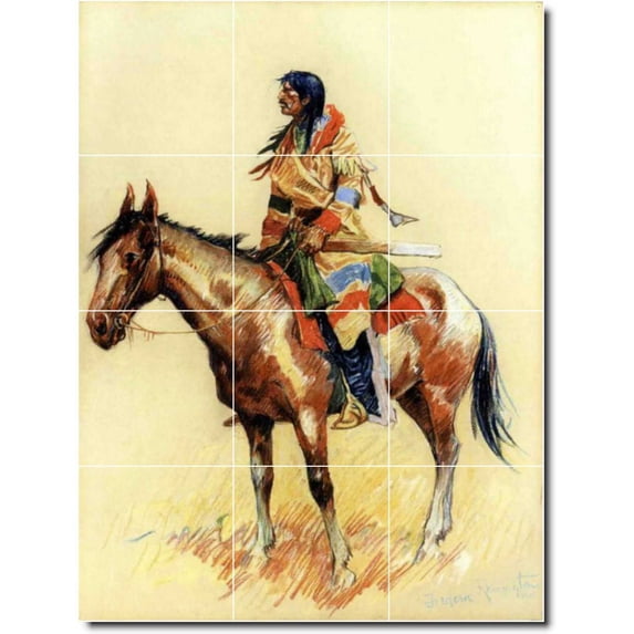 Ceramic Tile Mural-Frederic Remington Indians Floor Tile Mural 23. 18" w x 24" h using (12) 6 x 6 ceramic tiles
