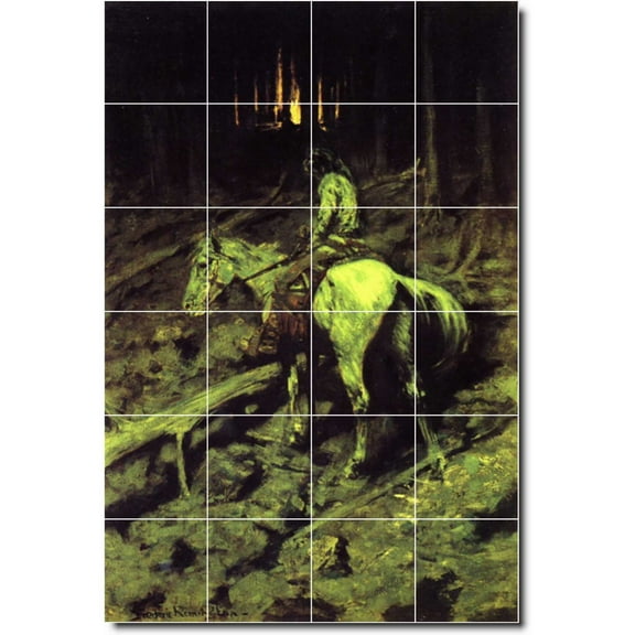 Ceramic Tile Mural-Frederic Remington Indians Kitchen Tile Mural 25. 17" w x 25.5" h using (24) 4.25 x 4.25 ceramic tiles