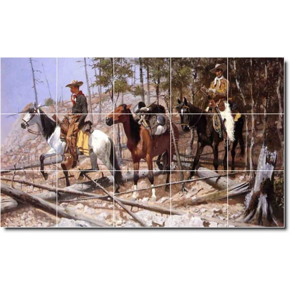 Ceramic Tile Mural-Frederic Remington Western Bathroom Tile Mural 6. 30" w x 18" h using (15) 6 x 6 ceramic tiles