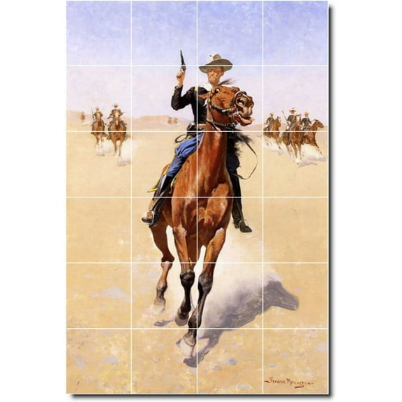 Ceramic Tile Mural-Frederic Remington Western Wall Tile Mural 24. 17" w x 25.5" h using (24) 4.25 x 4.25 ceramic tiles