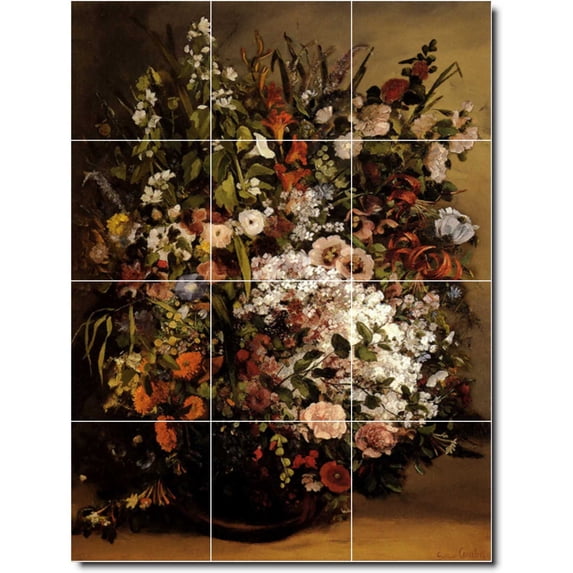 Ceramic Tile Mural-Gustave Courbet Flowers Backsplash Tile Mural 12. 36" w x 48" h using (12) 12 x 12 ceramic tiles