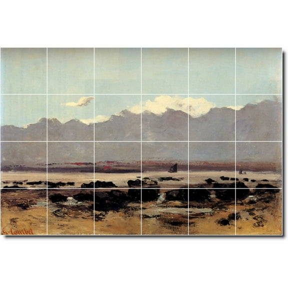 Ceramic Tile Mural-Gustave Courbet Waterfront Painting 218. 25.5" w x 17" h using (24) 4.25 x 4.25 ceramic tiles