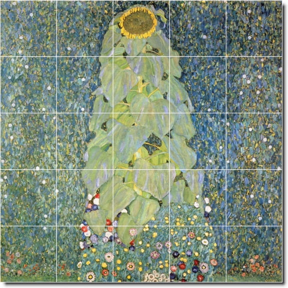 Ceramic Tile Mural-Gustave Klimt Flowers Wall Tile Mural 1. 40" w x 40" h using (25) 8 x 8 ceramic tiles