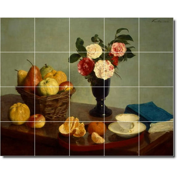 Ceramic Tile Mural-Henri Fantin-Latour Flowers Backsplash Tile Mural 16. 21.25" w x 21.25" h using (25) 4.25 x 4.25 ceramic tiles