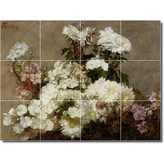 Ceramic Tile Mural-Henri Fantin-Latour Flowers Kitchen Tile Mural 1. 48" w x 36" h using (12) 12 x 12 ceramic tiles